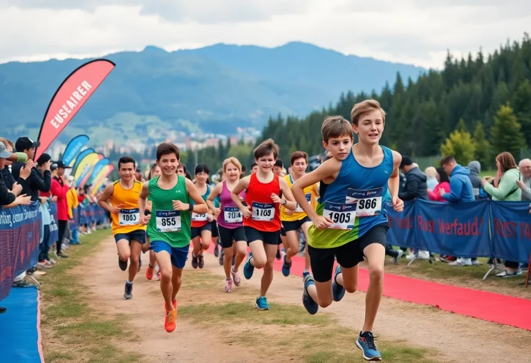 Junior high and middle school students racing in cross country event