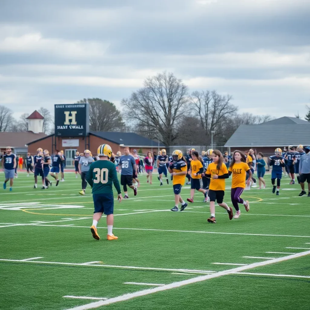High school football players practicing on a field