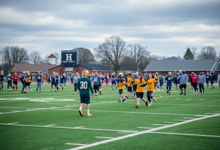 High school football players practicing on a field