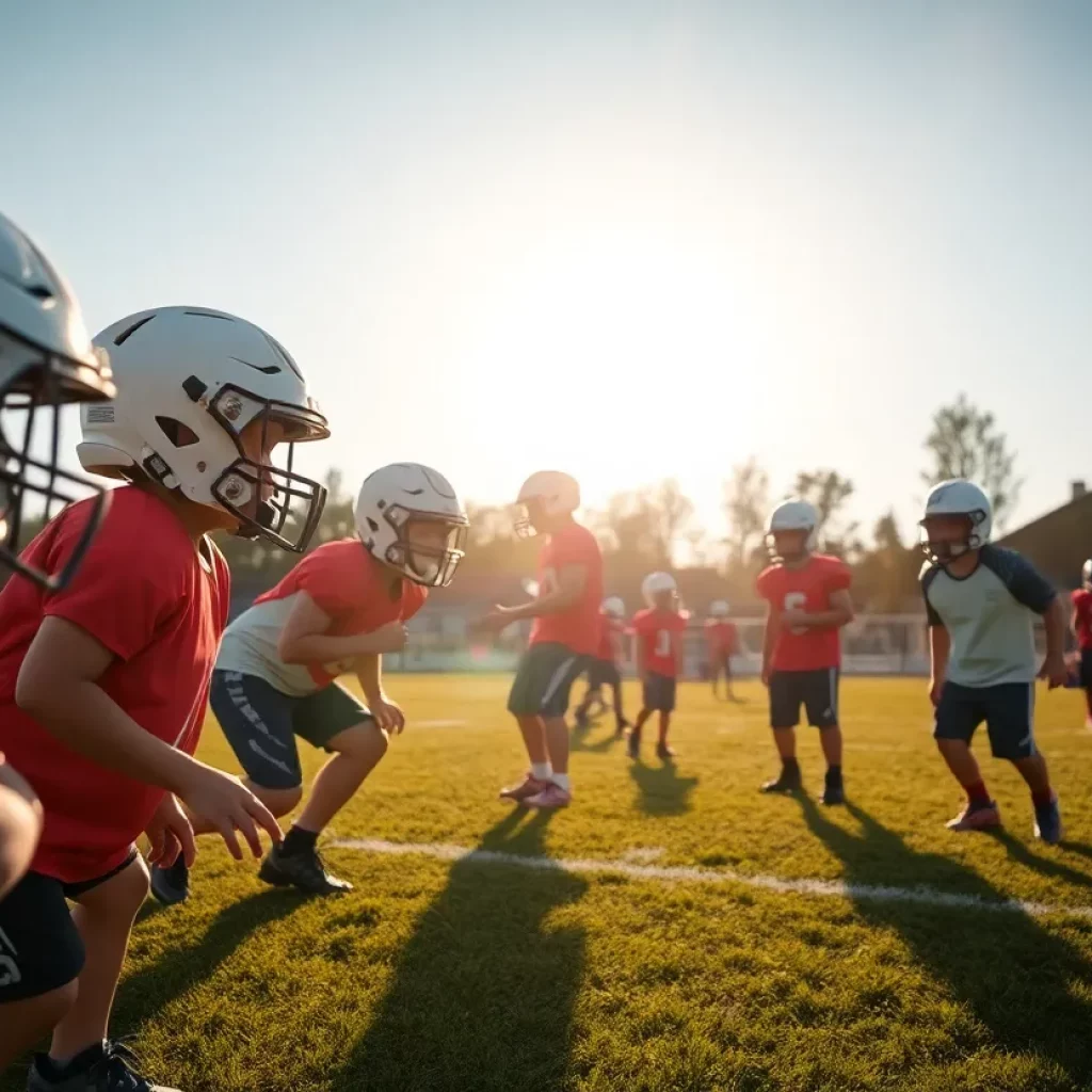 Youth football players practicing with protective helmets on the field.