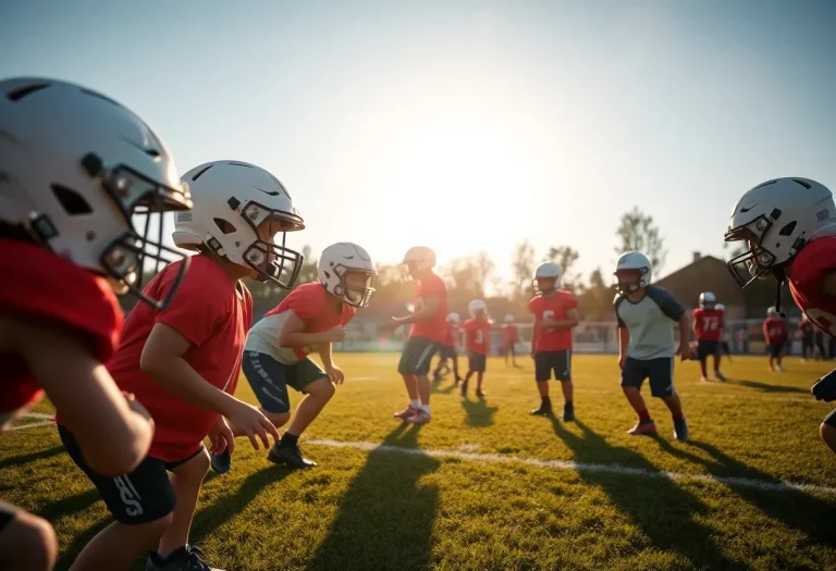 Youth football players practicing with protective helmets on the field.