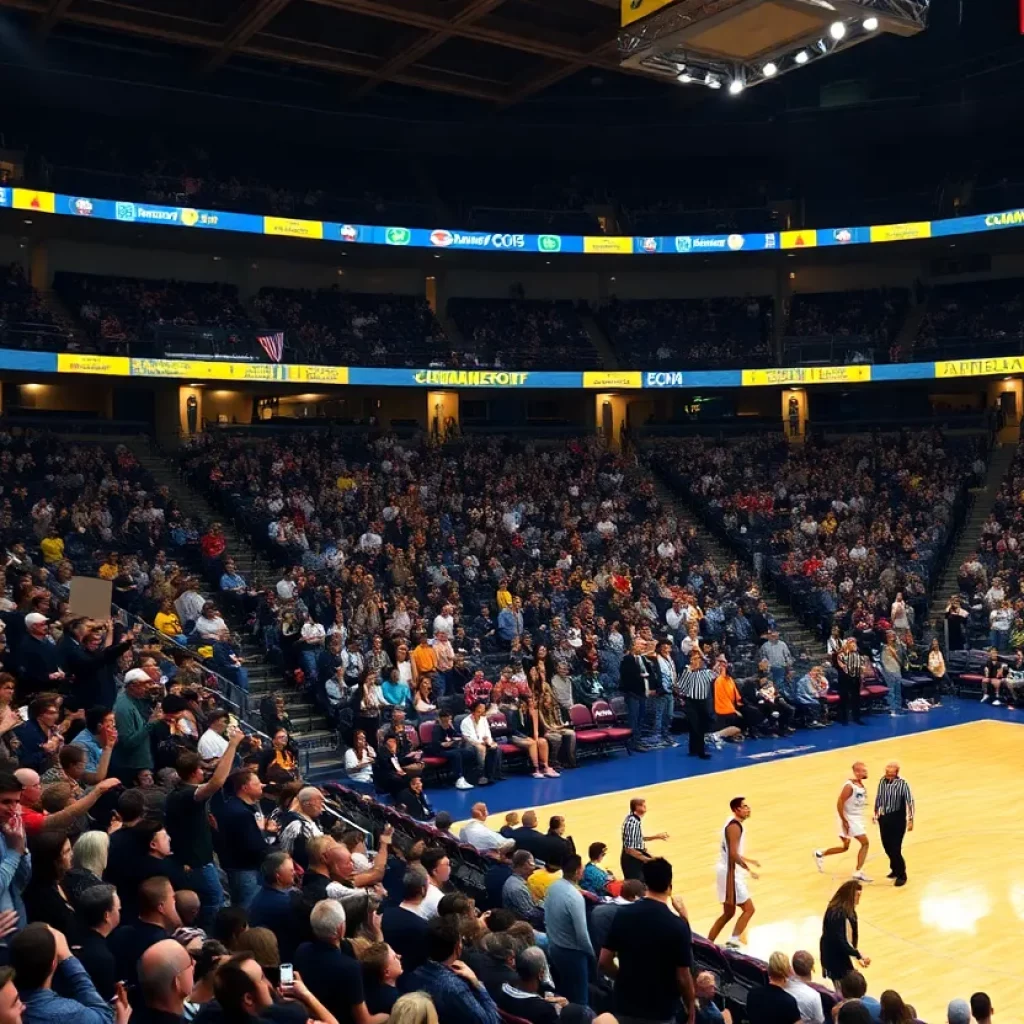 Fans cheering in a packed basketball arena during the CIAC Championships