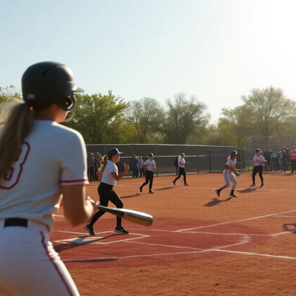 High school softball players in action on the field.