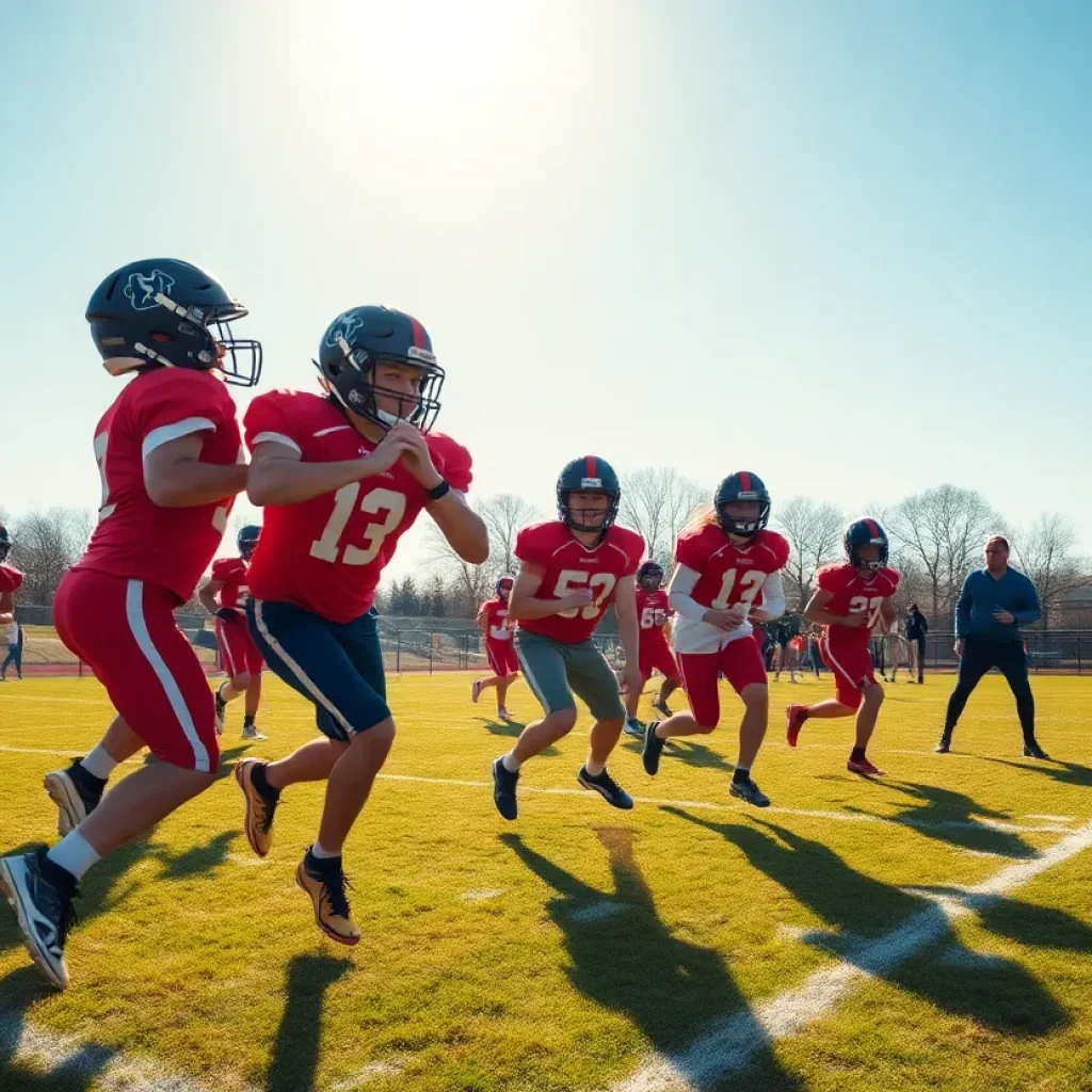 Young football players practice on a sunny day in Alabama