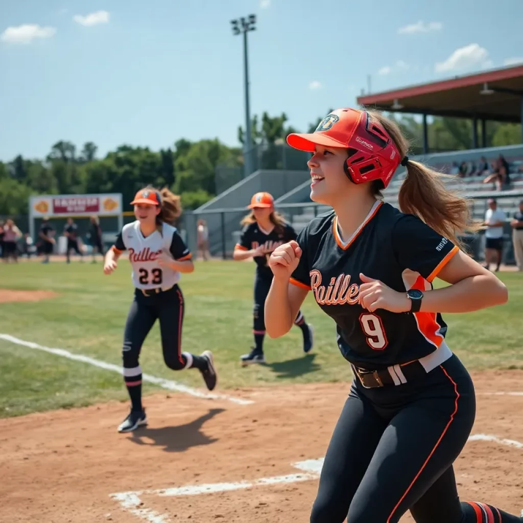 High school softball players in action during a game in Alabama.