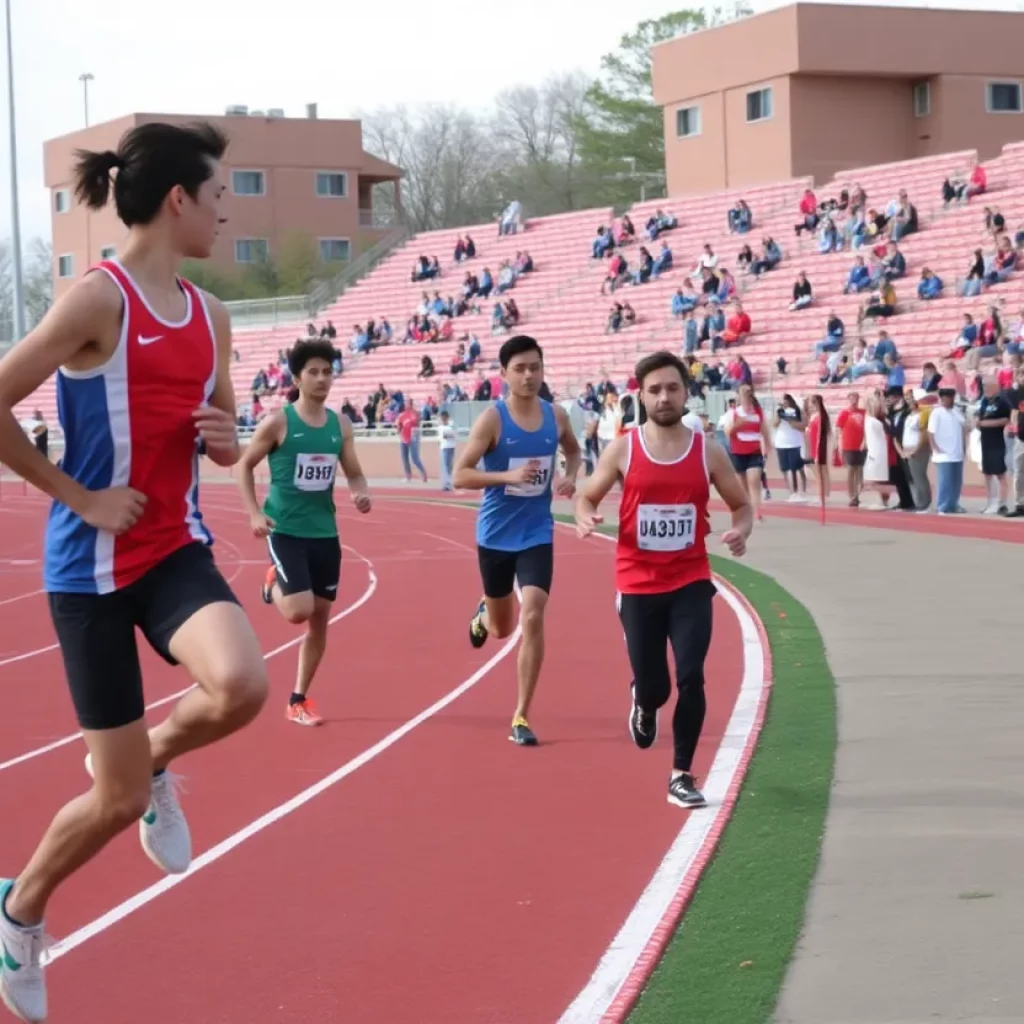 Athletes preparing on a track with spectators cheering