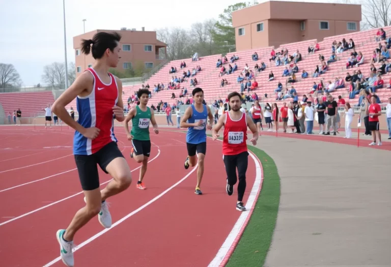 Athletes preparing on a track with spectators cheering