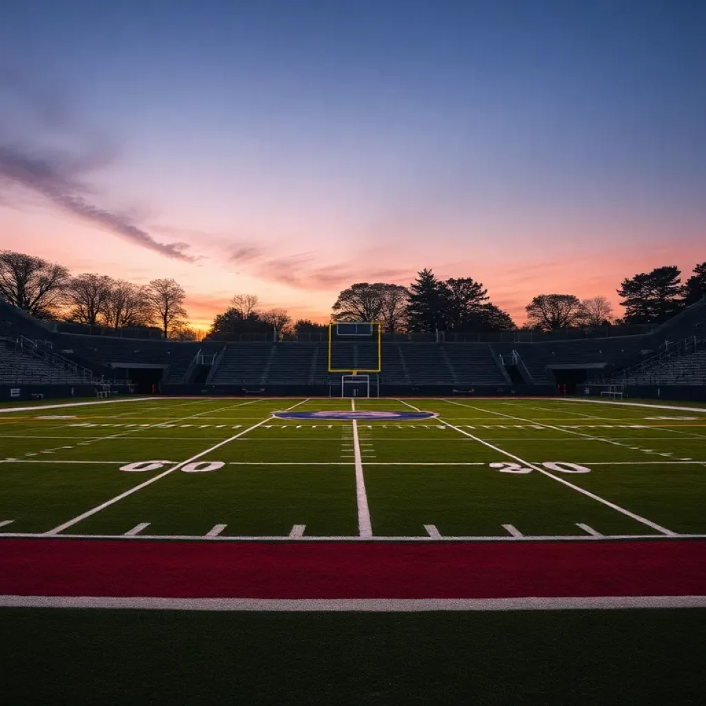 Empty football field at Apalachee High School during sunset