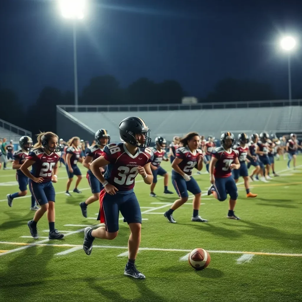 Young high school athletes training on a football field under night lights
