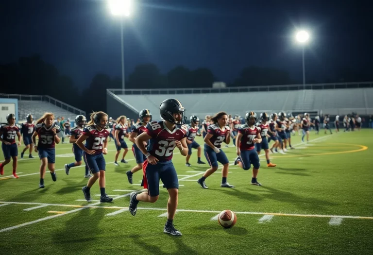 Young high school athletes training on a football field under night lights