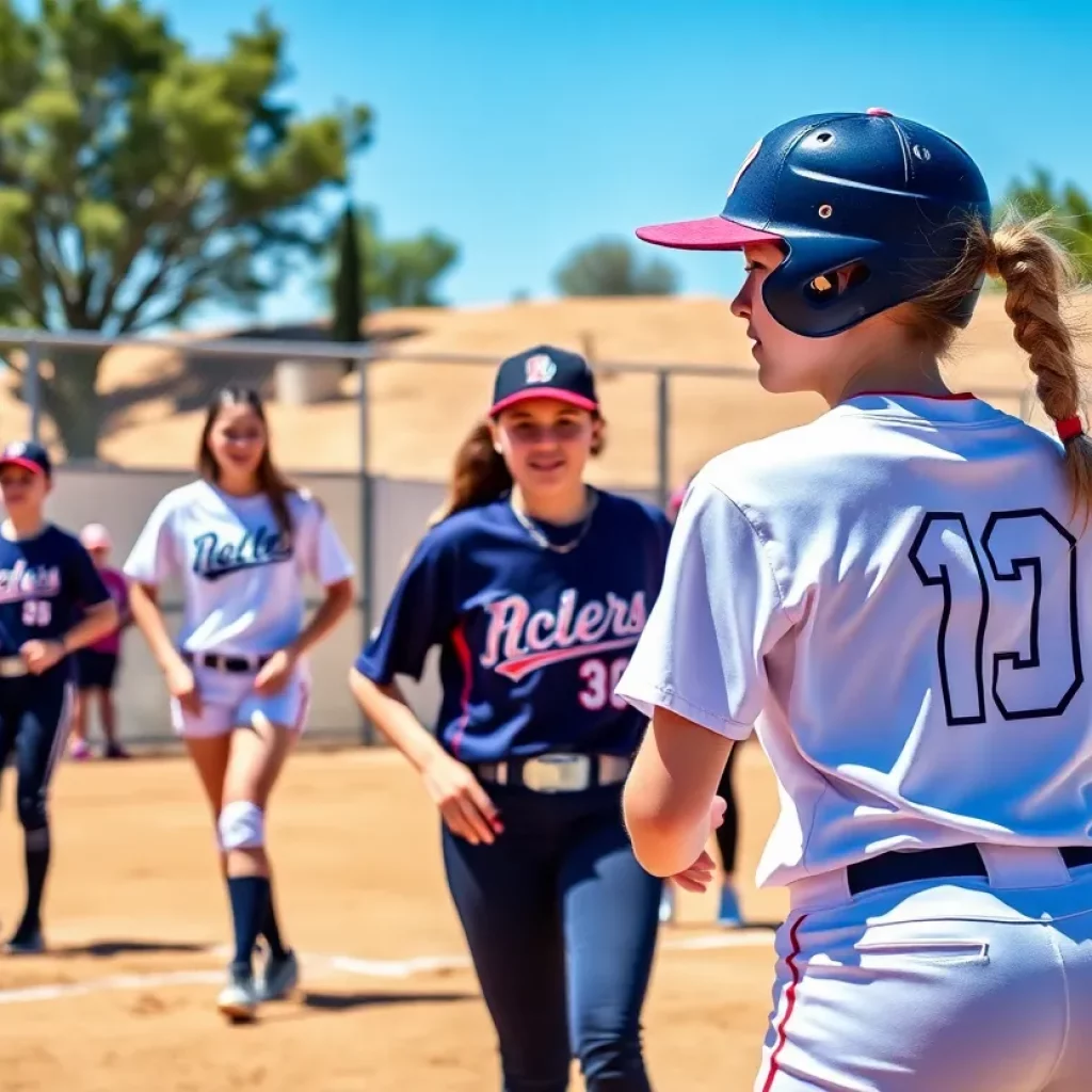 A lively scene of a high school softball game in Arizona with players in action under a sunny sky
