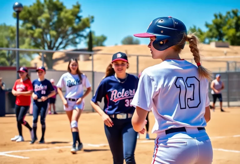 A lively scene of a high school softball game in Arizona with players in action under a sunny sky