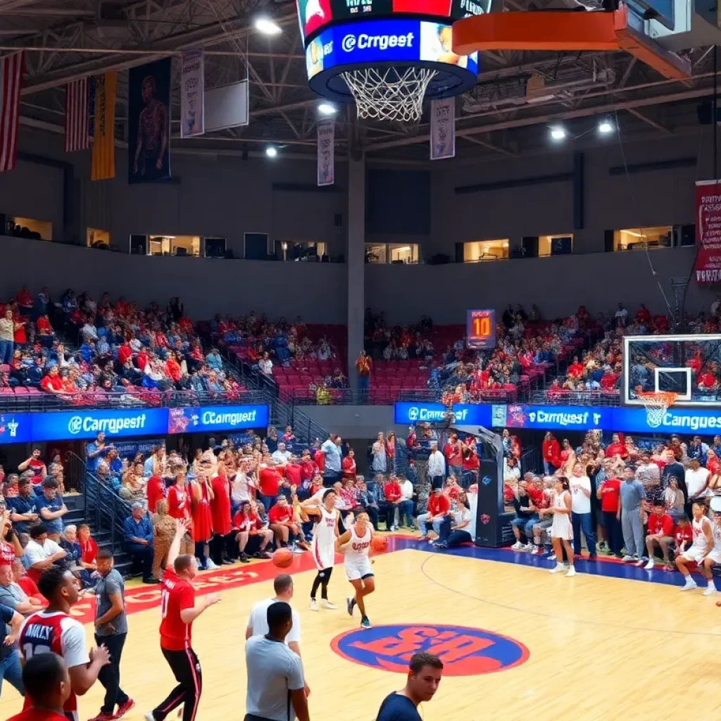 Energetic basketball tournament scene with players and fans