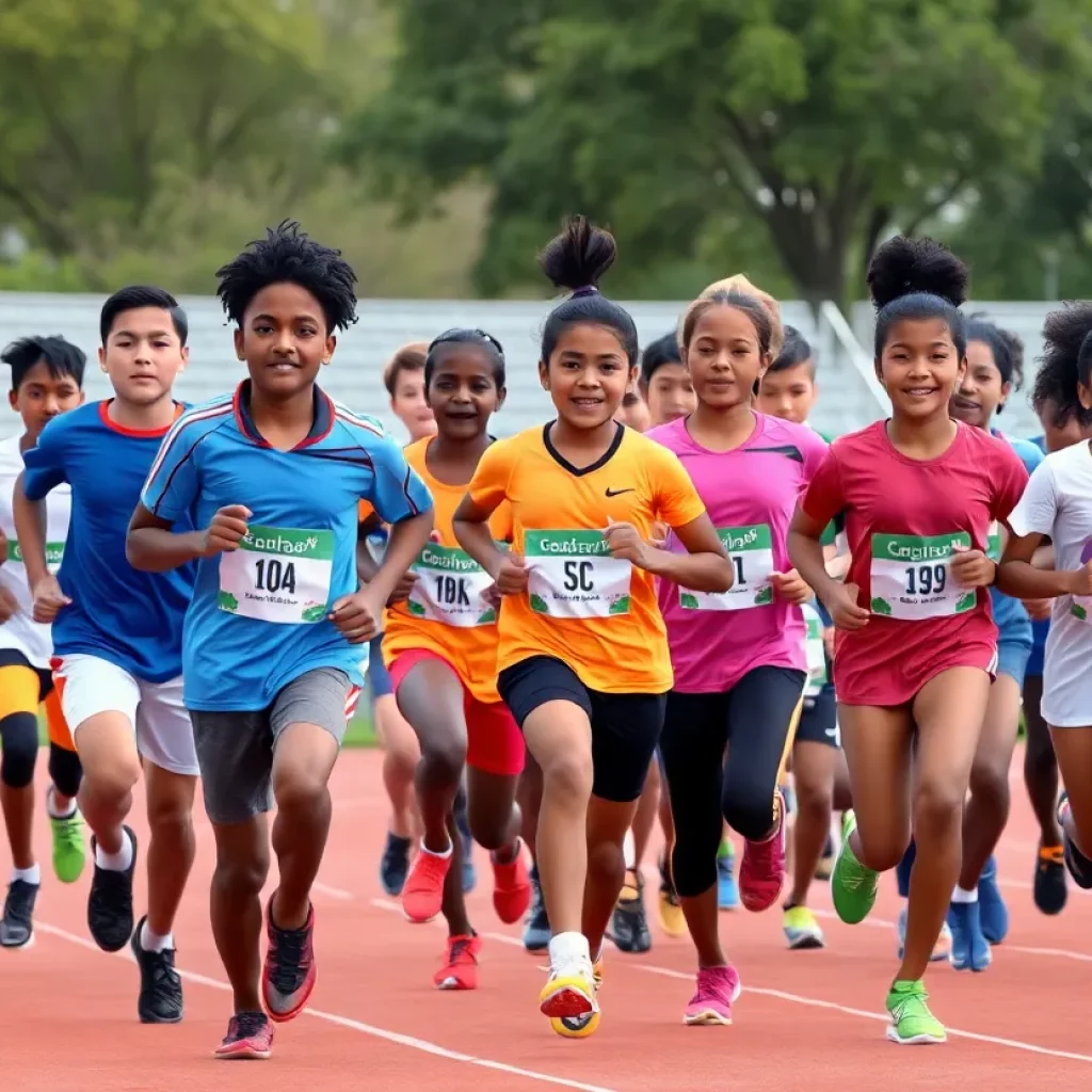 Diverse group of young athletes participating in a track event, promoting inclusivity.