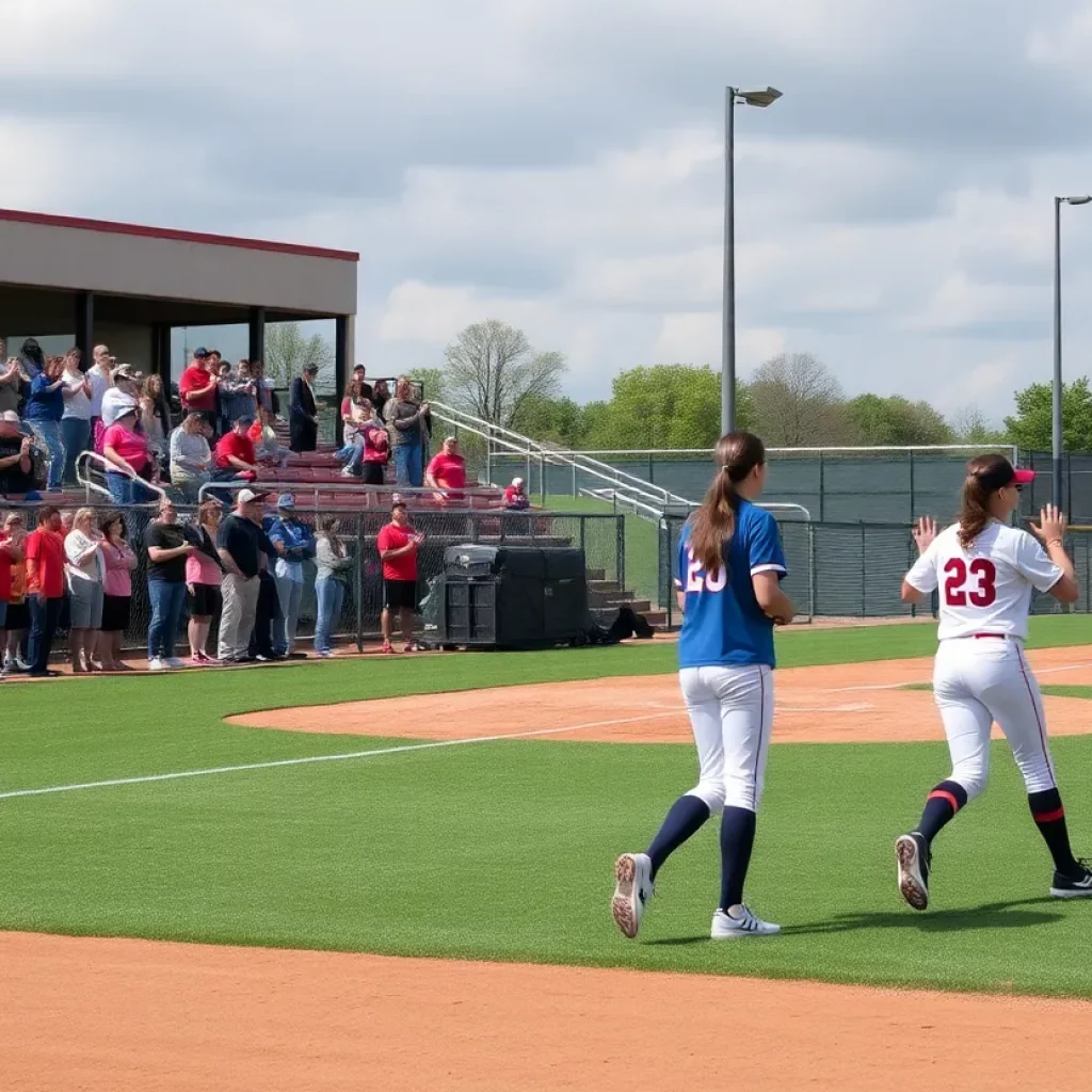 Softball players practicing on the field with spectators in the stands.