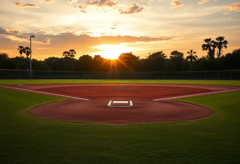 Beautiful sunset over a baseball field.
