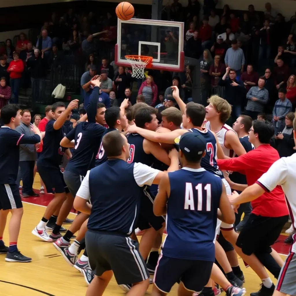 High school basketball game brawl with players and fans
