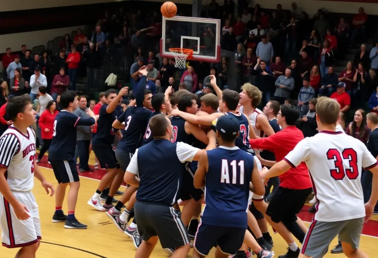 High school basketball game brawl with players and fans