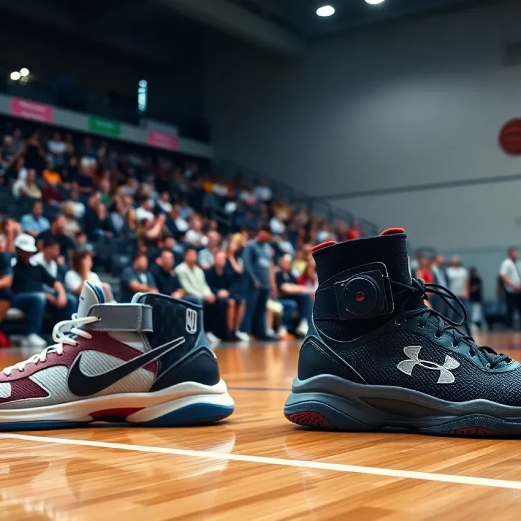 Basketball shoes on court with ankle monitors, depicting controversy