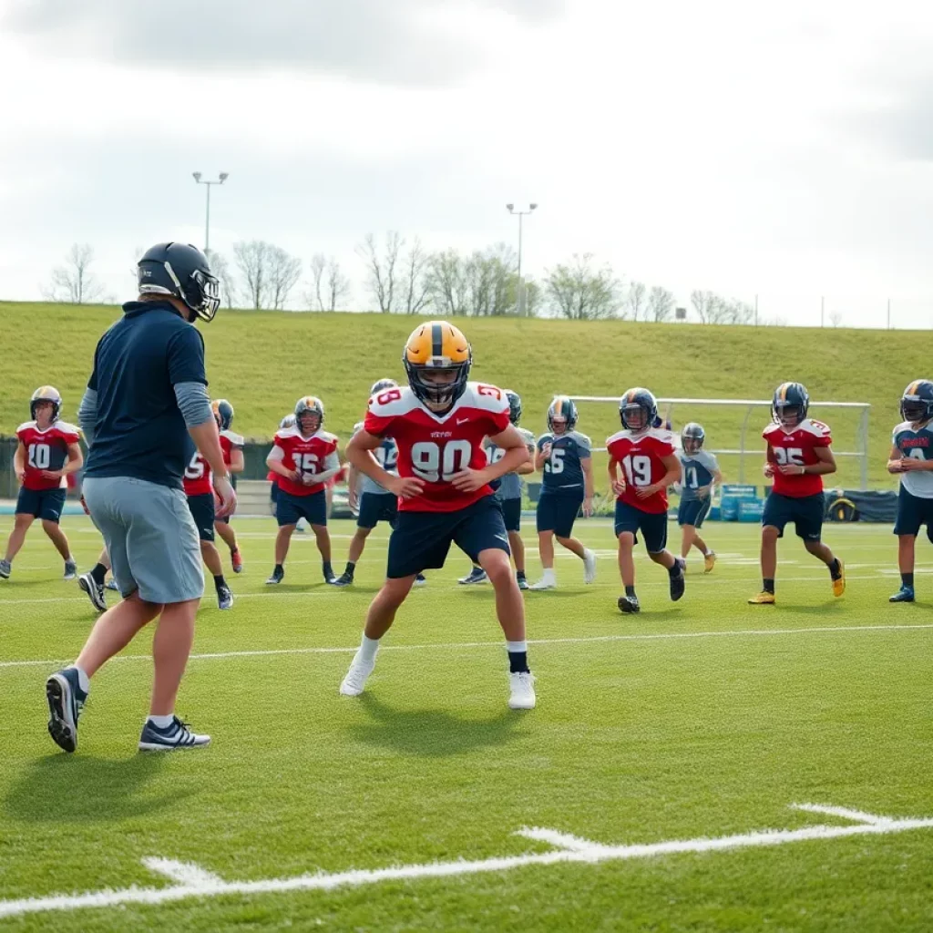 Young athletes practicing football on a field under a sunny sky
