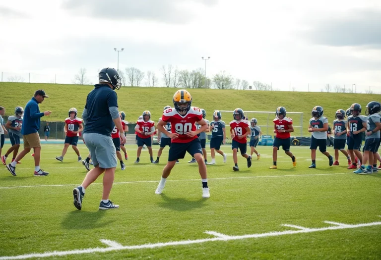 Young athletes practicing football on a field under a sunny sky