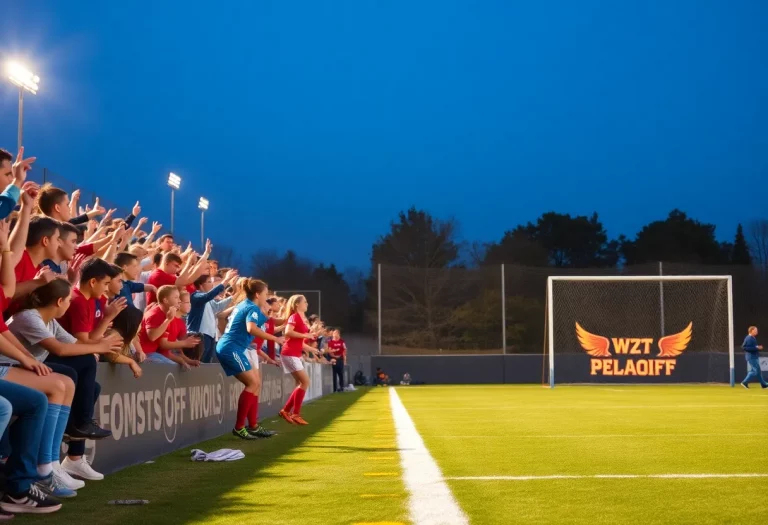 High school soccer players in a playoff match with fans in the background