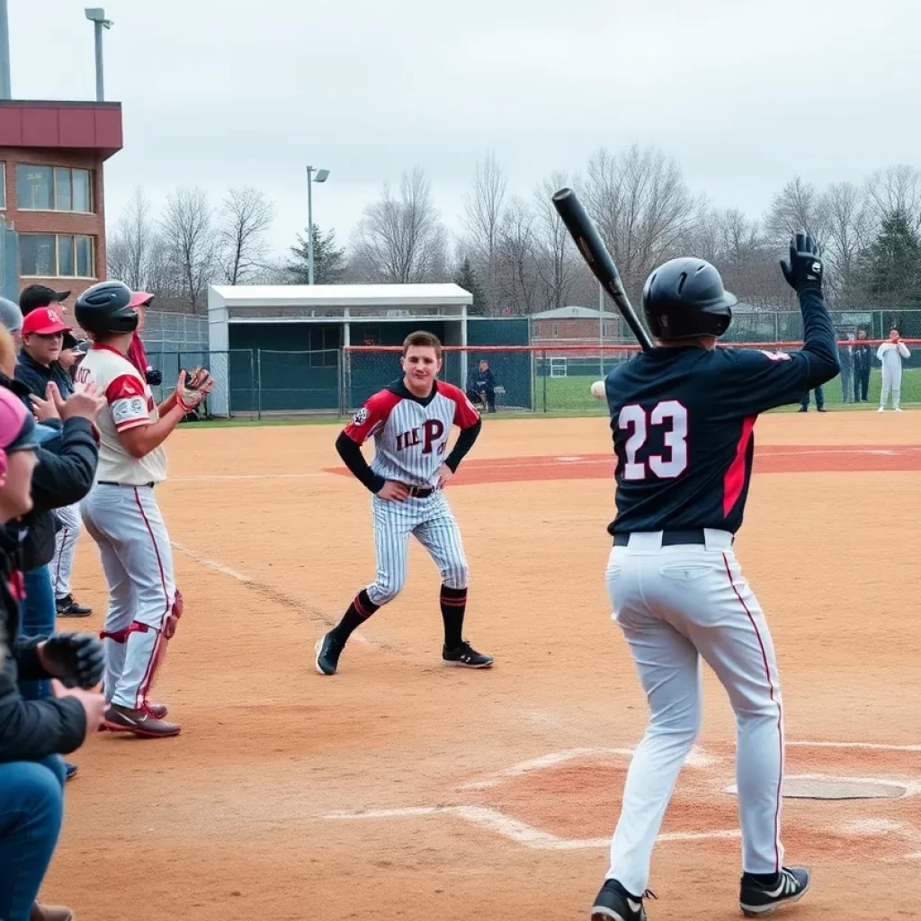 High school baseball game at Musburger Field with players in action and fans cheering.