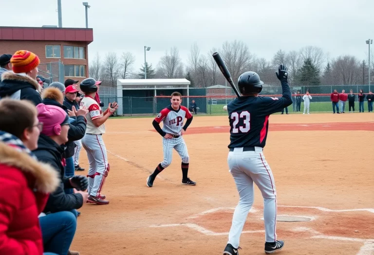 High school baseball game at Musburger Field with players in action and fans cheering.