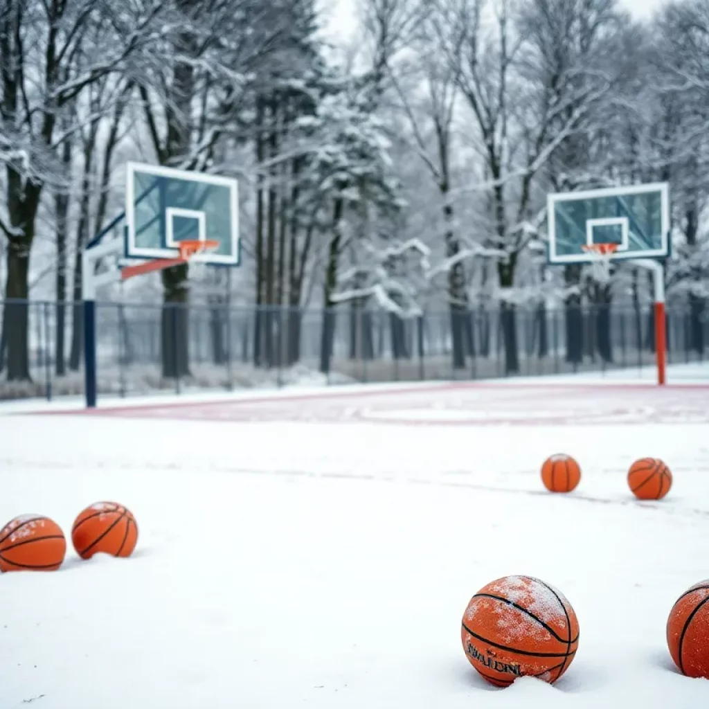 Winter basketball court disrupted by snow