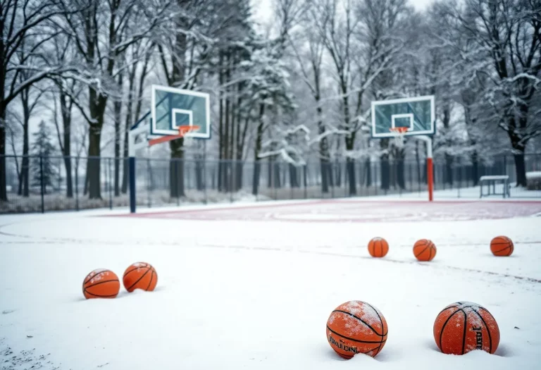 Winter basketball court disrupted by snow