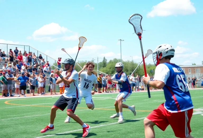 Boys playing lacrosse in a competitive match at New Windsor.