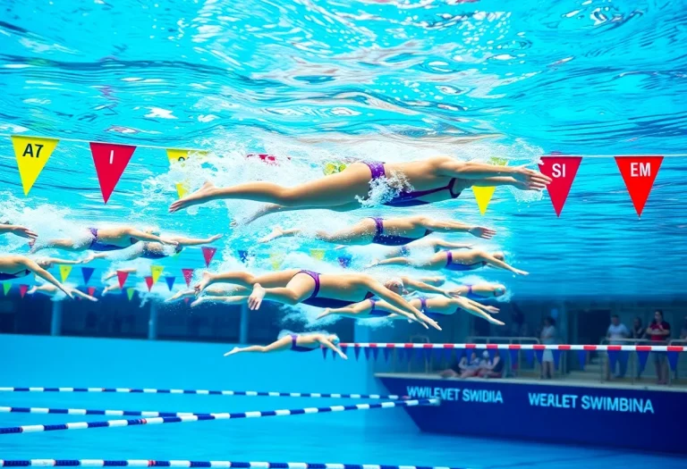 Swimmers competing in a state championship swimming event