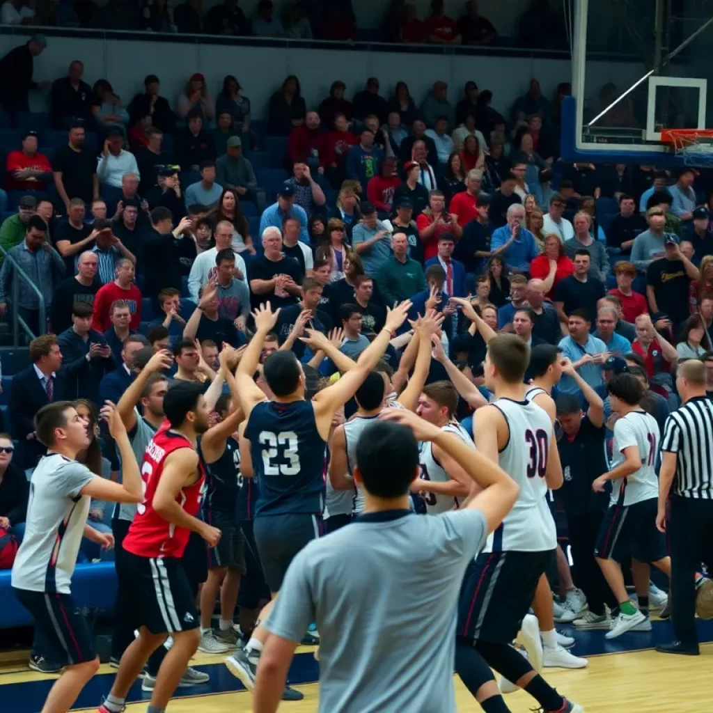 Chaotic scene of a brawl during a high school basketball game
