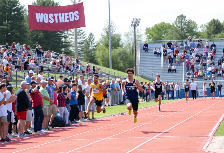 Bret Harte High School athletes competing at a track and field meet with cheering crowds.