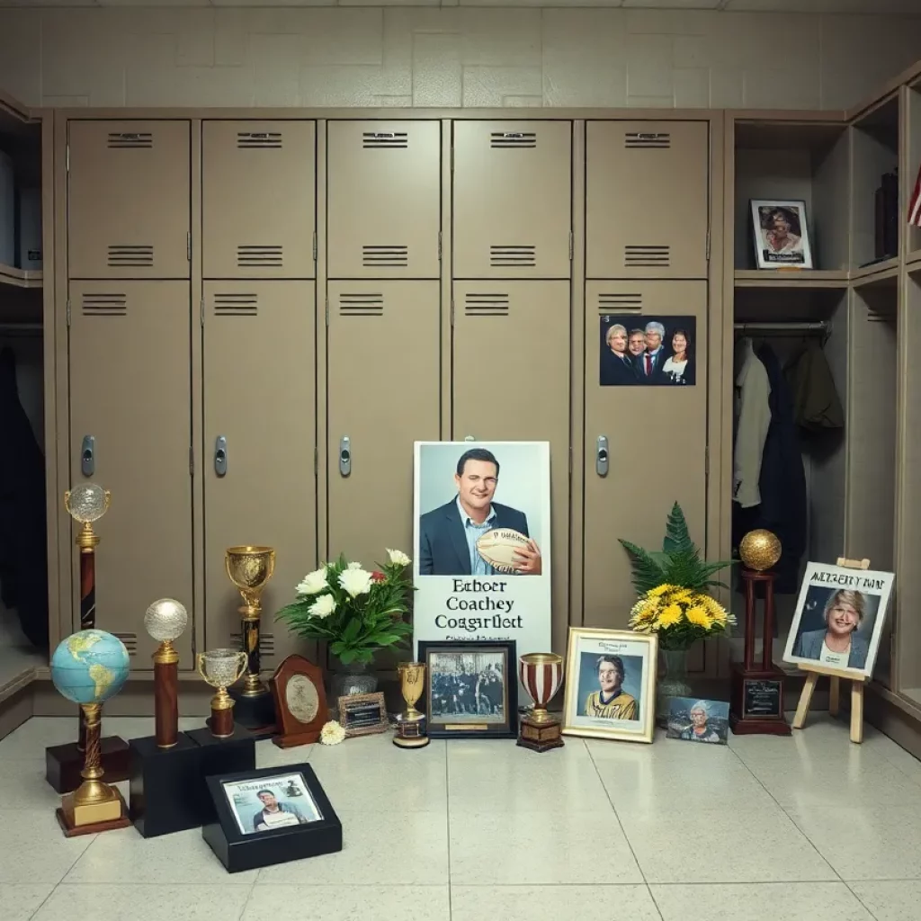 Memorial for a beloved football coach with trophies and photos