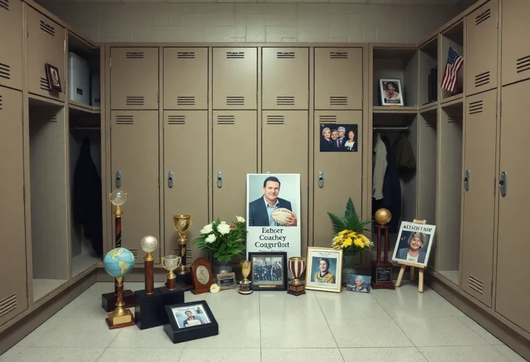 Memorial for a beloved football coach with trophies and photos