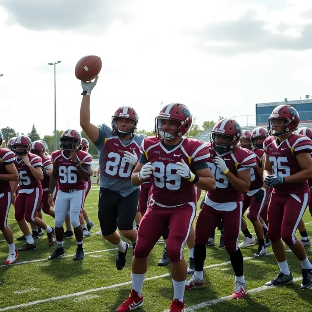 High school football players training together on a field.