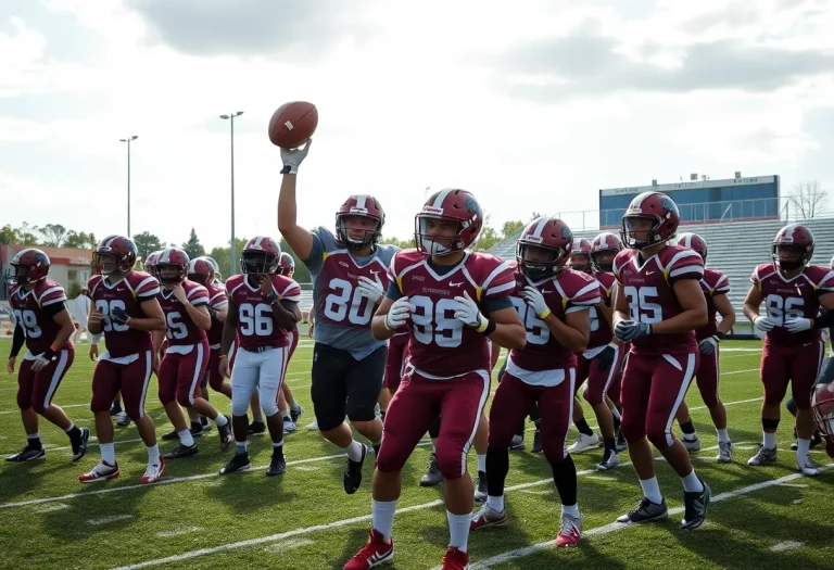 High school football players practicing on the field