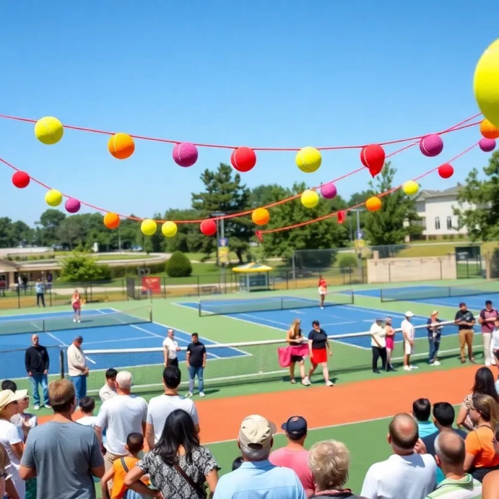Celebration at the opening of Burlington High School's new tennis courts with attendees cheering.