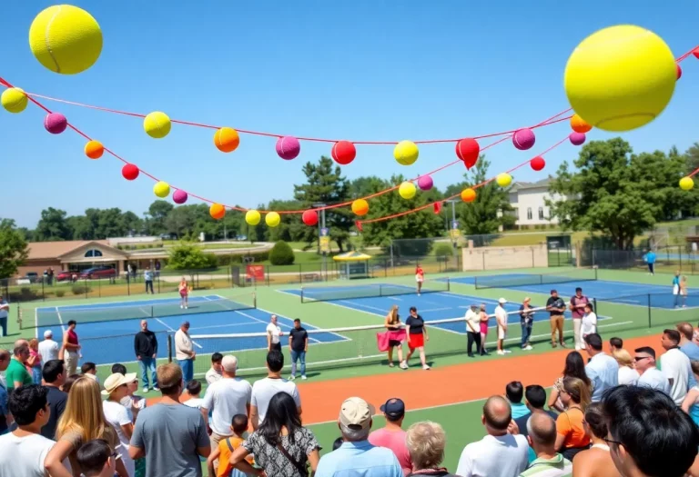 Celebration at the opening of Burlington High School's new tennis courts with attendees cheering.