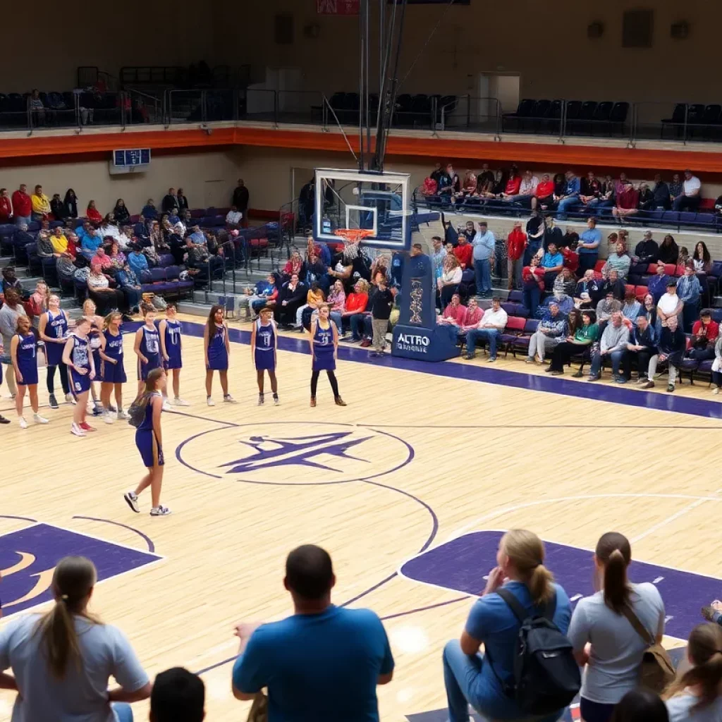 Two high school girls' basketball teams warming up for a championship game