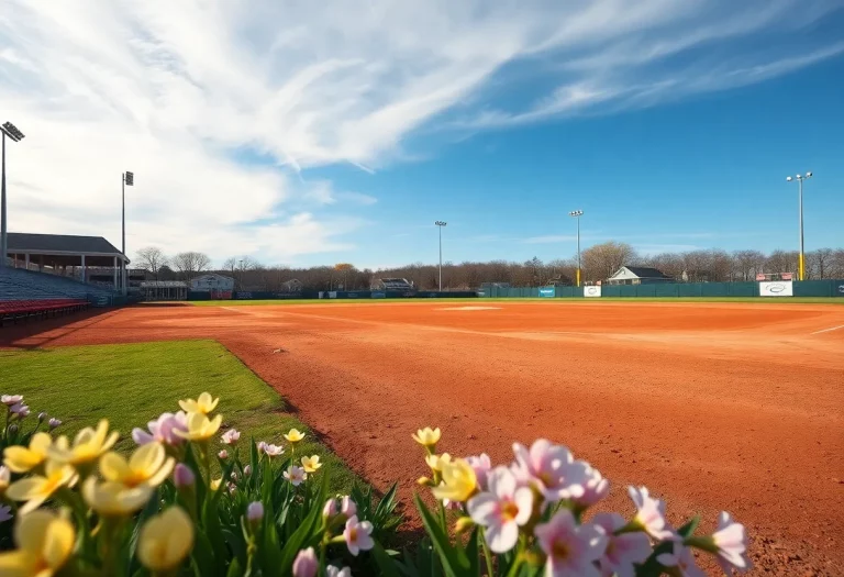 A baseball field in Cape Cod with spring flowers