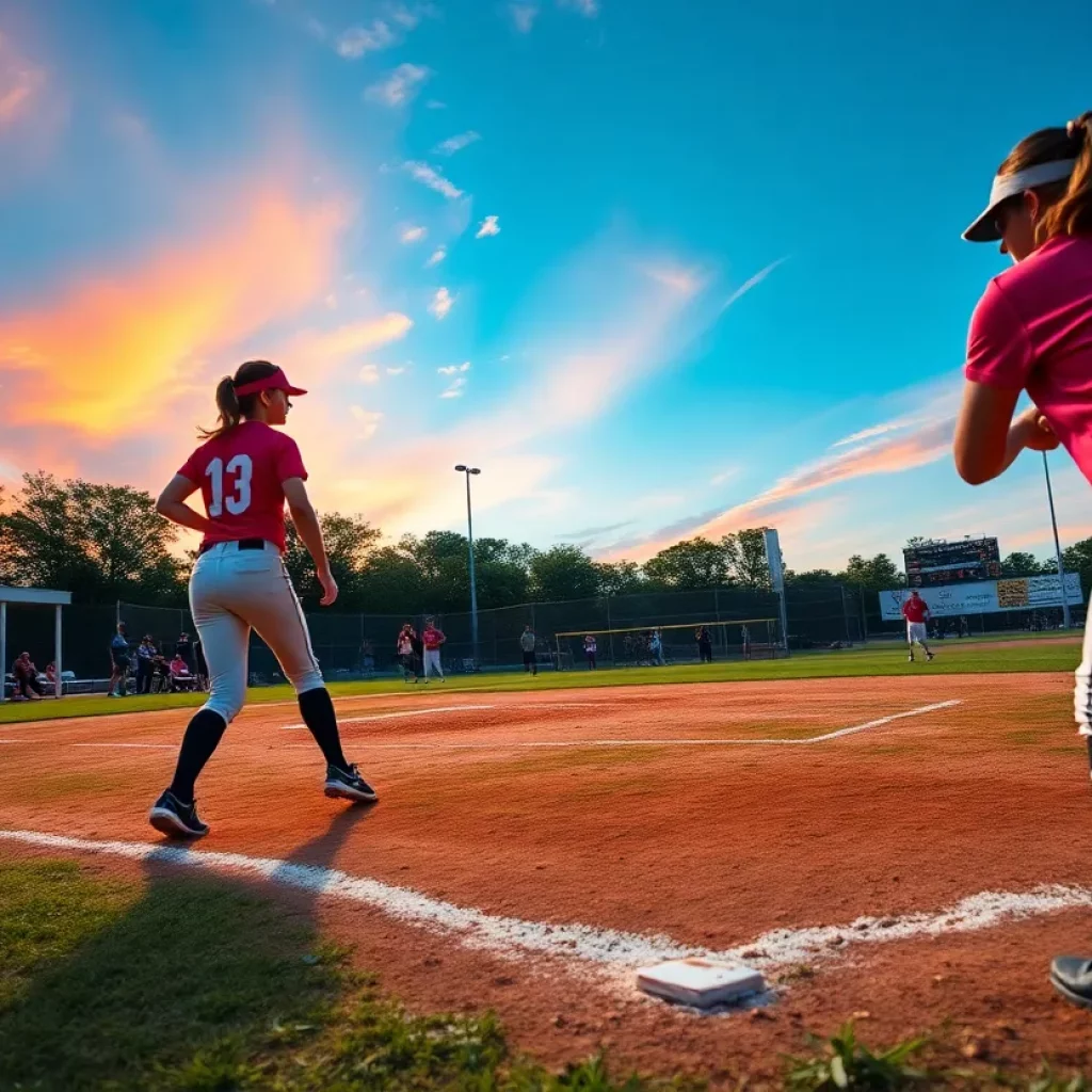 A high school softball team in action during a game.