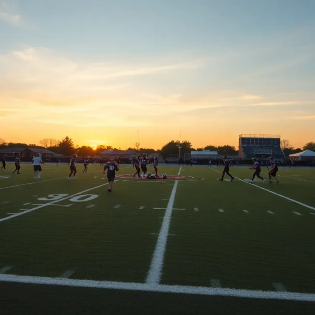 Football field at Cedar Grove High School during sunset