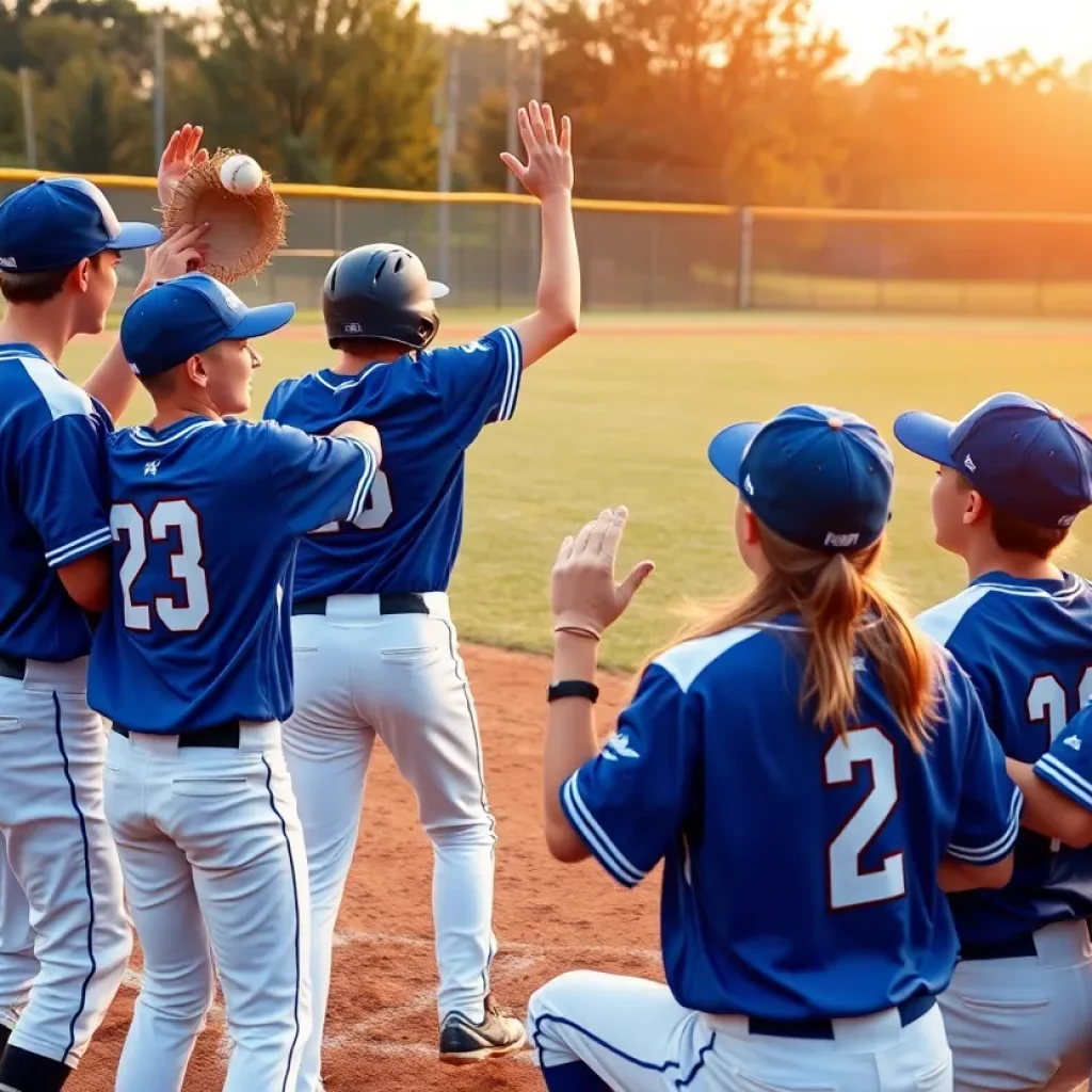 High school baseball team celebrating on the field.