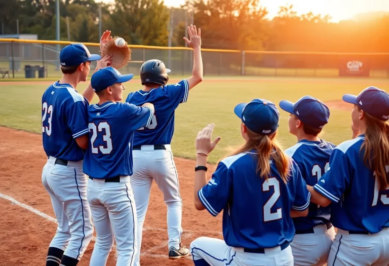 High school baseball team celebrating on the field.