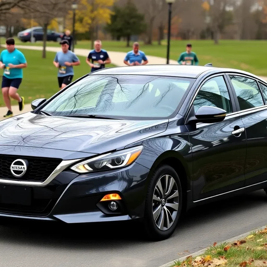 Concerned runners near a dark gray Nissan Altima parked on a path.