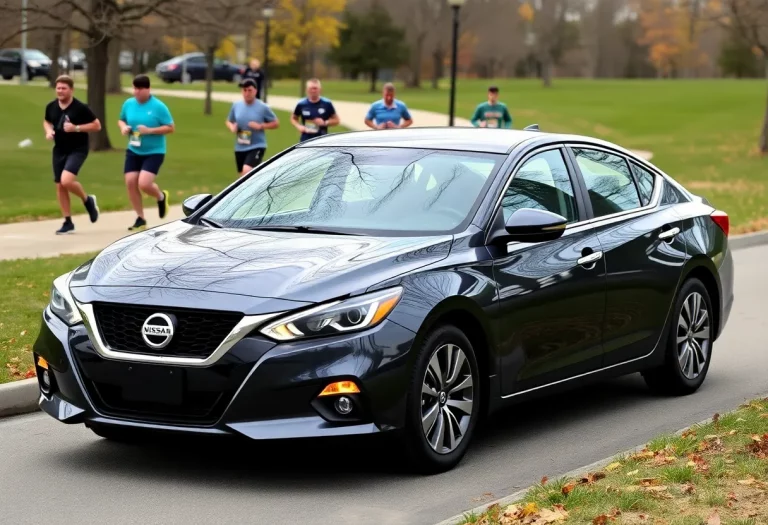 Concerned runners near a dark gray Nissan Altima parked on a path.