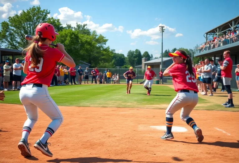 Action shot from the Cheyenne Softball Invitational with players in motion and fans cheering