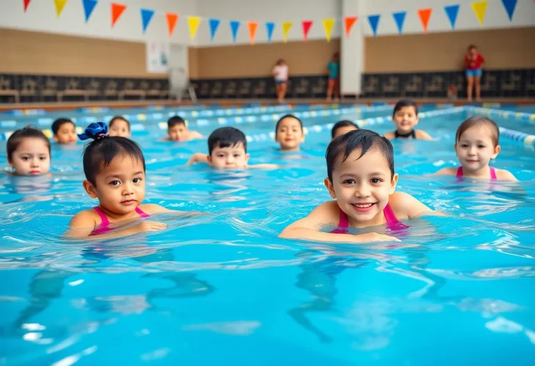 Children participating in swimming lessons at a pool